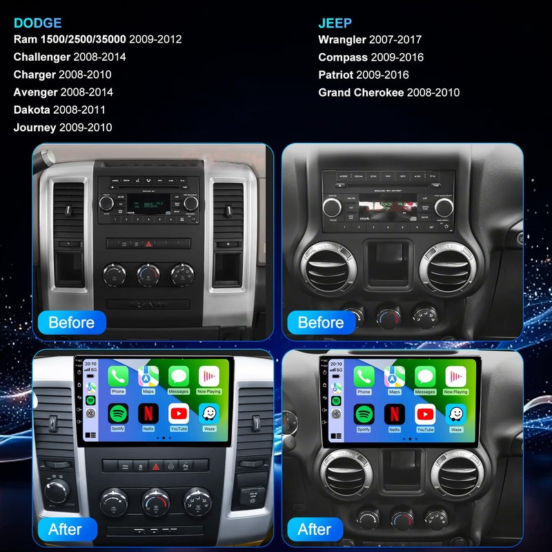 Aitrenlu 5GWIFI Upgrade Car Radio for Jeep Wrangler JK 2007-2017, Dodge Ram 1500/2500/3500 2009-2012, Compass Patriot 2009-2016, Touch Screen Car Stereo 10inch Wireless Carplay Android Auto GPS FM Bluetooth - Image 2