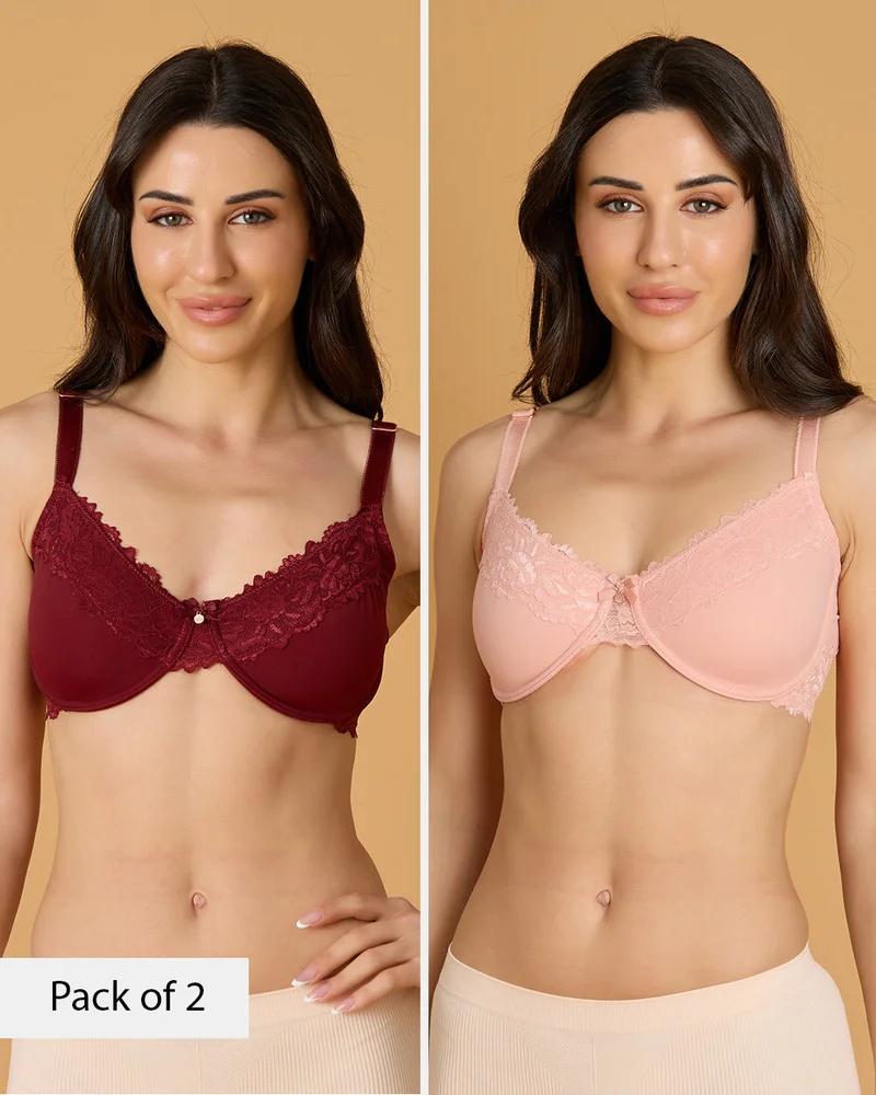 Redtag Women Burgundy and Pink And Non-Padded 2 Pack Bra Set