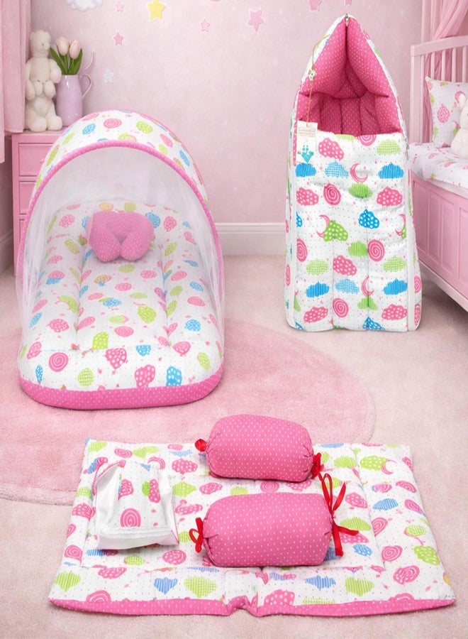 Fareto Combo of Baby Bed with Net | Carry Bag | 4 Pcs Bedding Set (0-6 Months, Baby Size, Cotton) (Peach Sprial) - Image 1