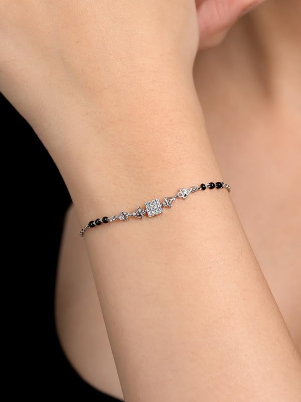 Clara 925 Sterling Silver Aniya Hand Mangalsutra Adjustable Bracelet With Black Beads Chain | Platinum Plated, Swiss Zirconia | Gift For Women - Image 4
