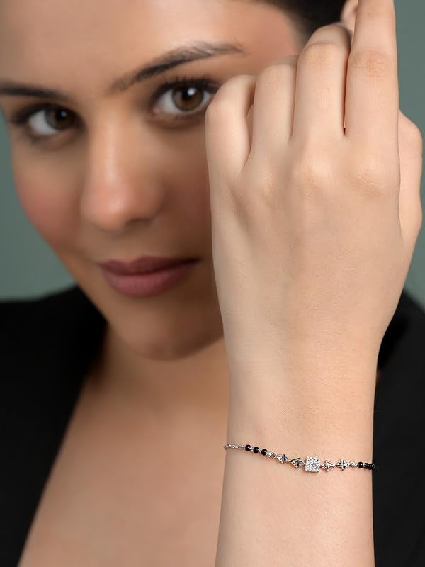Clara 925 Sterling Silver Aniya Hand Mangalsutra Adjustable Bracelet With Black Beads Chain | Platinum Plated, Swiss Zirconia | Gift For Women - Image 3