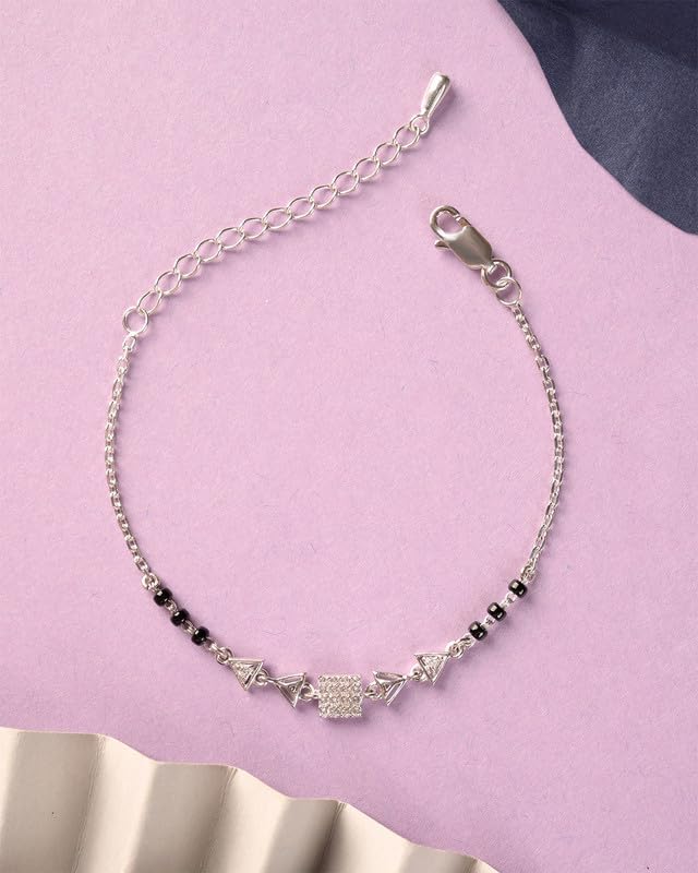 Clara 925 Sterling Silver Aniya Hand Mangalsutra Adjustable Bracelet With Black Beads Chain | Platinum Plated, Swiss Zirconia | Gift For Women - Image 2