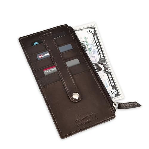 LB LEATHERBOSS Leatherboss Genuine Leather Women's All in One Credit Business Card Case Holder Slim Zipper Wallet With a Card Protection Strap, Brown - Image 3