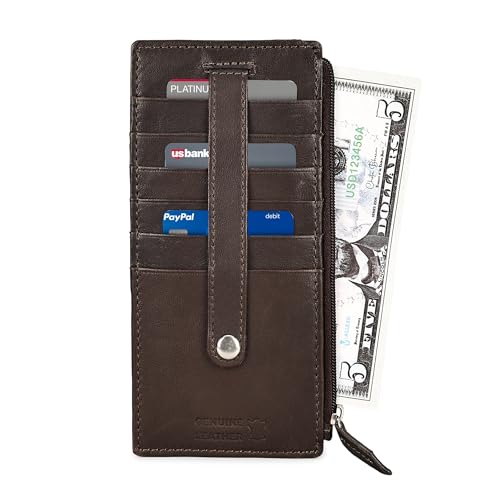 LB LEATHERBOSS Leatherboss Genuine Leather Women's All in One Credit Business Card Case Holder Slim Zipper Wallet With a Card Protection Strap, Brown - Image 2