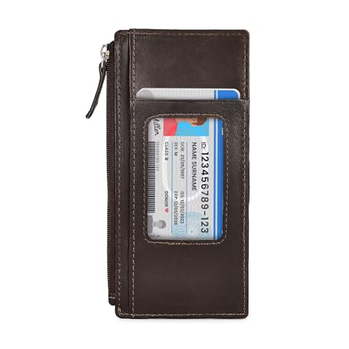 LB LEATHERBOSS Leatherboss Genuine Leather Women's All in One Credit Business Card Case Holder Slim Zipper Wallet With a Card Protection Strap, Brown - Image 1