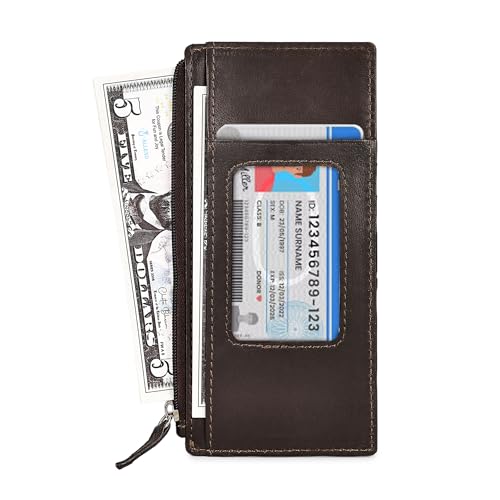 LB LEATHERBOSS Leatherboss Genuine Leather Women's All in One Credit Business Card Case Holder Slim Zipper Wallet With a Card Protection Strap, Brown - Image 4