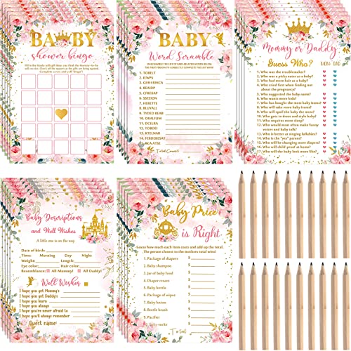 Fumete 125 Pcs Princess Baby Shower Games for Girls 5 Styles Cards with 20 Pencils for Decorations Baby Shower Activities Include Number Game Predict Who Descriptions and Well Wishes Price - Image 1