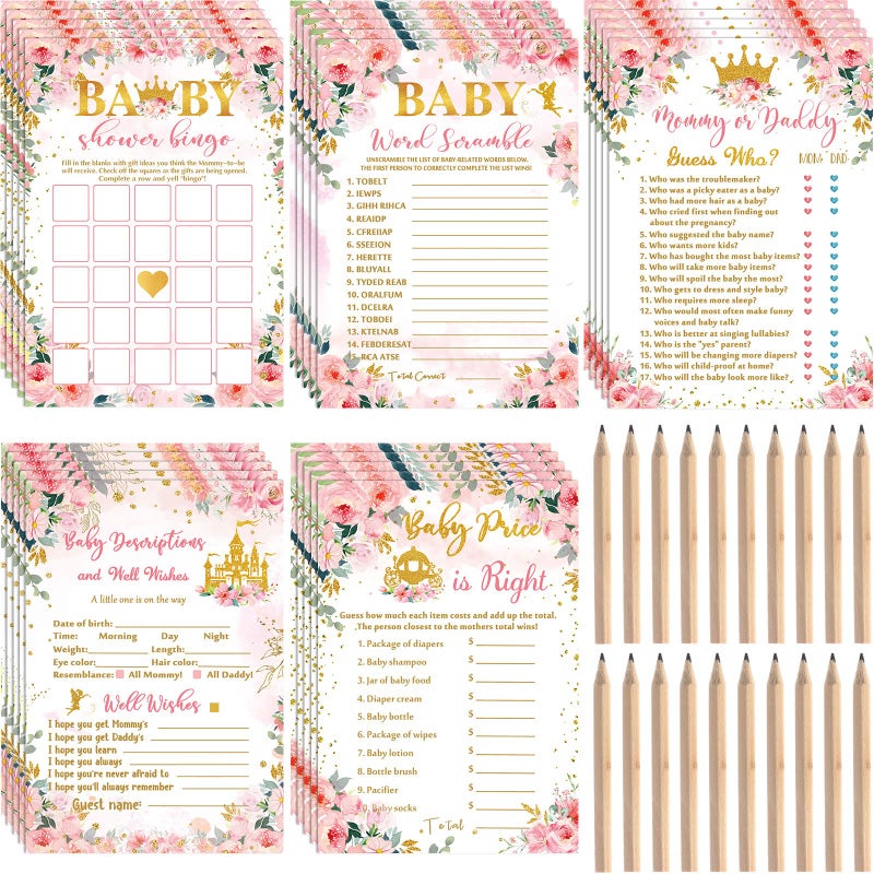 Fumete 125 Pcs Princess Baby Shower Games for Girls 5 Styles Cards with 20 Pencils for Decorations Baby Shower Activities Include Number Game Predict Who Descriptions and Well Wishes Price - Image 2
