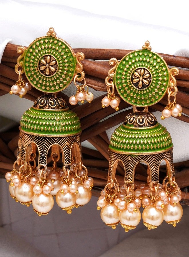 Karatcart Antique Gold Plated Light Green Tomb Style with Golden Pearl Jhumki Earrings for Women - Image 4