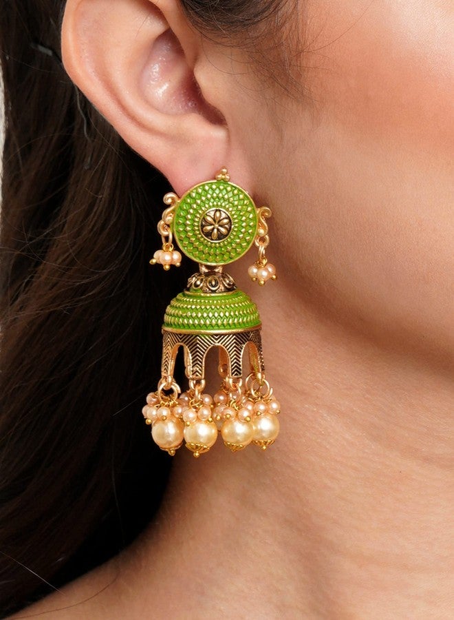 Karatcart Antique Gold Plated Light Green Tomb Style with Golden Pearl Jhumki Earrings for Women - Image 2