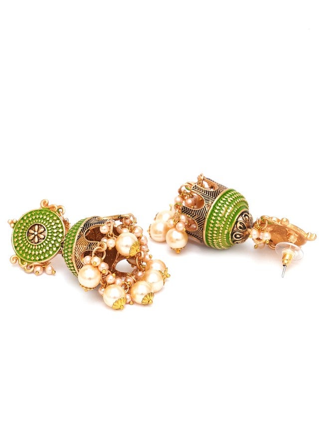 Karatcart Antique Gold Plated Light Green Tomb Style with Golden Pearl Jhumki Earrings for Women - Image 5