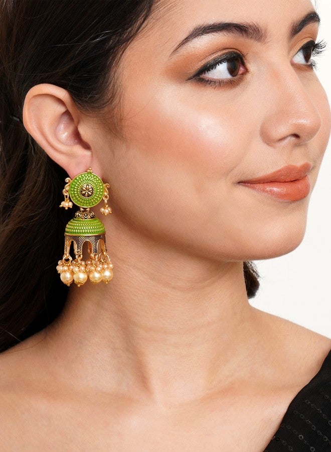 Karatcart Antique Gold Plated Light Green Tomb Style with Golden Pearl Jhumki Earrings for Women - Image 3