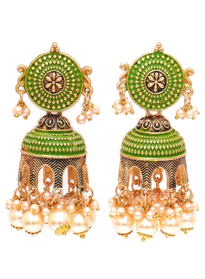 Karatcart Antique Gold Plated Light Green Tomb Style with Golden Pearl Jhumki Earrings for Women - Image 1