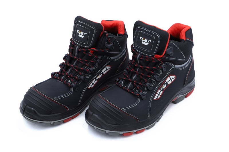 Komy Pro Series Premium Engineer High Ankle Safety Shoes S3L SR Non Metalic, With Composite Toe Cap, Kevlar Midplate, Antistatic EVA , PU/Rubber Sole, Super Slip-Resistant , Breathable & Abrasion Resistant Mesh Lining  & Black Split Nubuck Laether  - Model No: KMS235M - Image 1