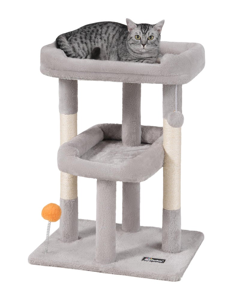 FourFurPets Small Cat Tree, Multi-Level Cat Tree for Indoor Cats, Cat Tower with Scratching Post, Cat Condo for Kittens,Toy Balls, 2 Soft Platform, Light Gray - Image 1