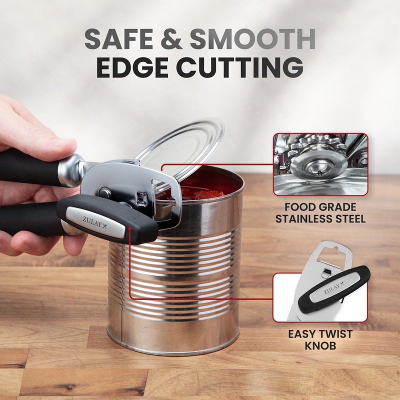 Zulay Kitchen Heavy Duty Stainless Steel Can Opener Manual with Bottle Opener - Rust Proof Manual Can Opener With Turn Knob & Comfy Soft Grip Handles - Black - Image 5