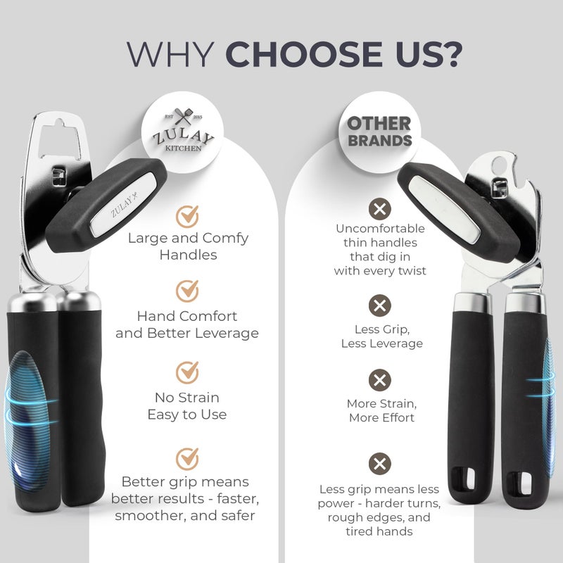 Zulay Kitchen Heavy Duty Stainless Steel Can Opener Manual with Bottle Opener - Rust Proof Manual Can Opener With Turn Knob & Comfy Soft Grip Handles - Black - Image 2