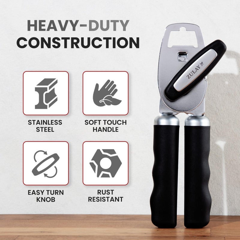 Zulay Kitchen Heavy Duty Stainless Steel Can Opener Manual with Bottle Opener - Rust Proof Manual Can Opener With Turn Knob & Comfy Soft Grip Handles - Black - Image 4