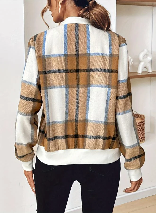 Take Two Take Two Plaid Bomber Jacket with Zip Closure