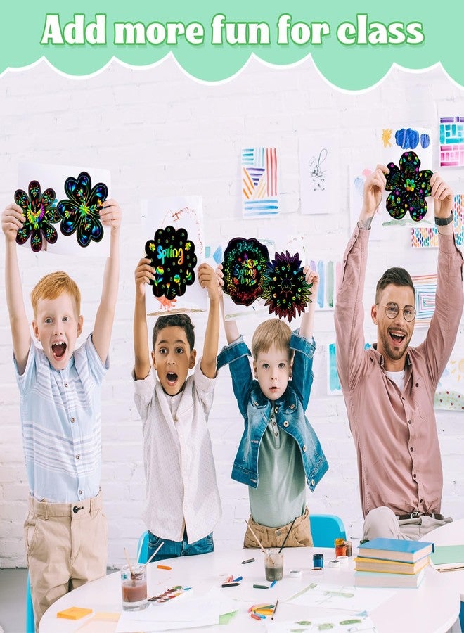 Hungdao 60 Pcs Flowers Scratch Cards Rainbow Summer Scratch Paper for Kids Rainbow Flower Crafts with Bamboo Stylus and Ribbon for Home Classroom School DIY (Flower) - Image 4