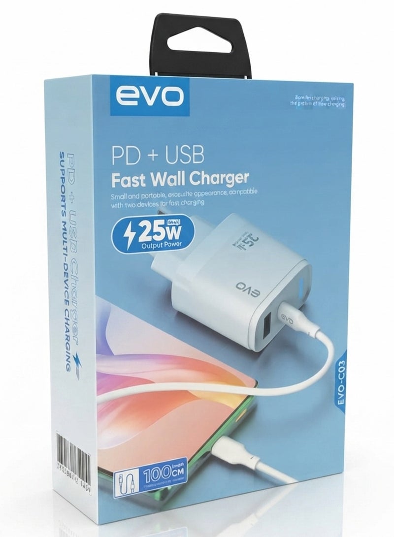 EVO-C03 25W Fast Wall Charger with USB-C Power Delivery and USB Port, Dual Port Quick Charging Adapter, Smart Chip Technology USB-C Charger Block, Type-C Fast Charger for iPhone, Android Phones, Tablets, Earbuds, Smart Devices and USB Accessories - Image 2