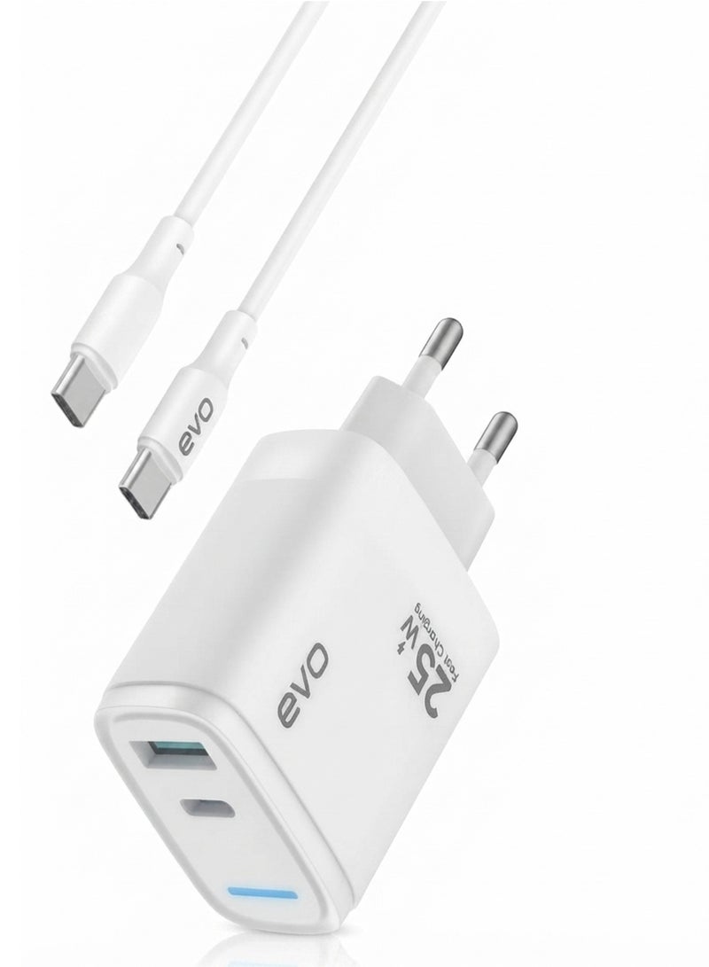 EVO-C03 25W Fast Wall Charger with USB-C Power Delivery and USB Port, Dual Port Quick Charging Adapter, Smart Chip Technology USB-C Charger Block, Type-C Fast Charger for iPhone, Android Phones, Tablets, Earbuds, Smart Devices and USB Accessories - Image 1
