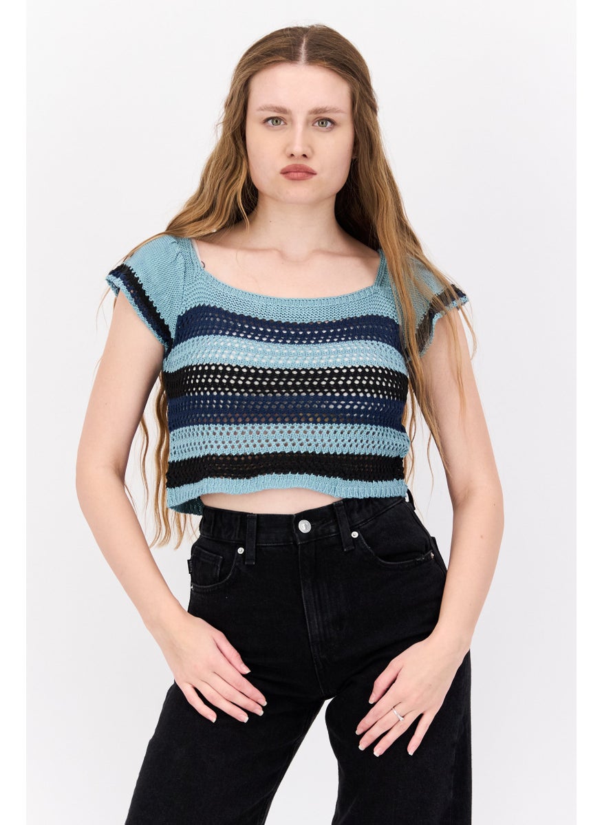 BCBGeneration Women Square Neck Short Sleeves Knitted Top, Teal Blue  - Image 1