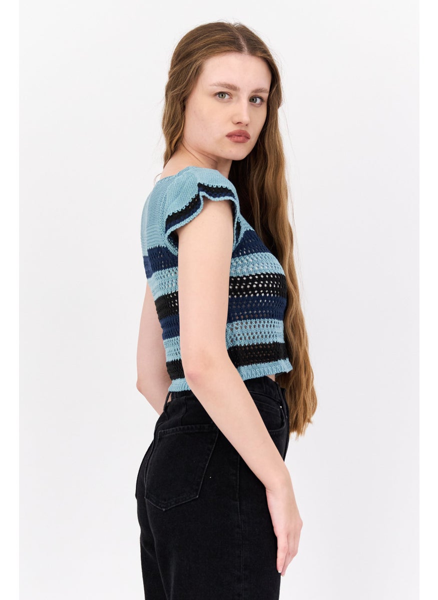 BCBGeneration Women Square Neck Short Sleeves Knitted Top, Teal Blue  - Image 3