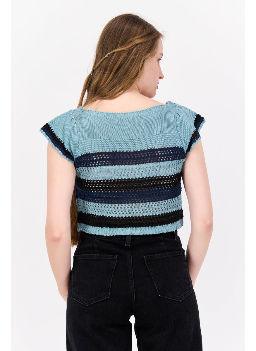 BCBGeneration Women Square Neck Short Sleeves Knitted Top, Teal Blue  - Image 2