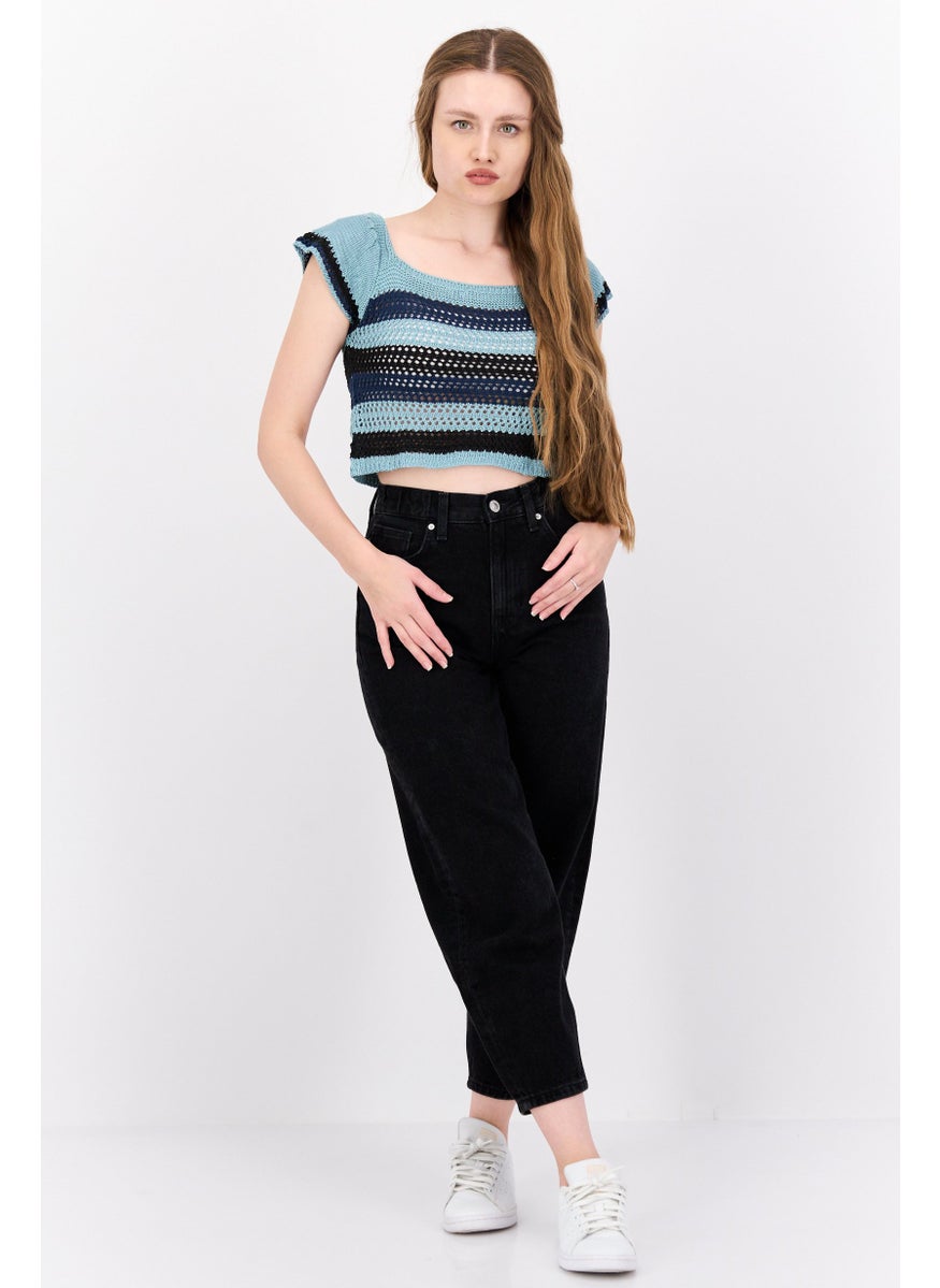 BCBGeneration Women Square Neck Short Sleeves Knitted Top, Teal Blue  - Image 4