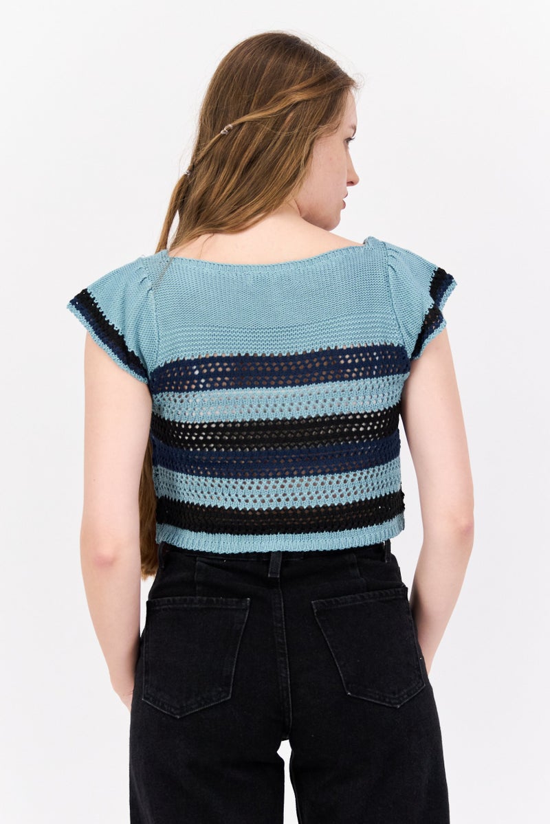 BCBGeneration Women Square Neck Short Sleeves Knitted Top, Teal Blue - Image 2