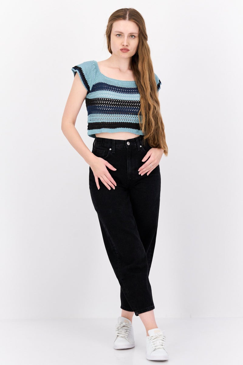 BCBGeneration Women Square Neck Short Sleeves Knitted Top, Teal Blue - Image 4