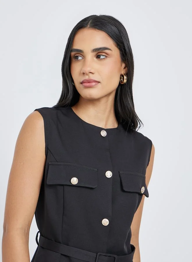 Styli  Styli Sleeveless Round Neck Belted Waistcoat for Women | Best Price UAE