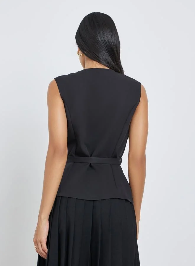 Styli  Styli Sleeveless Round Neck Belted Waistcoat for Women | Best Price UAE