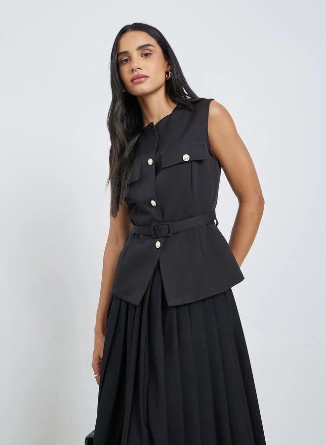 Styli Styli Sleeveless Round Neck Belted Waistcoat