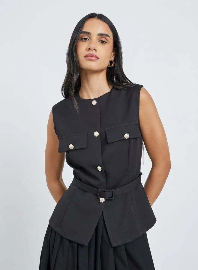 Styli  Styli Sleeveless Round Neck Belted Waistcoat for Women | Best Price UAE