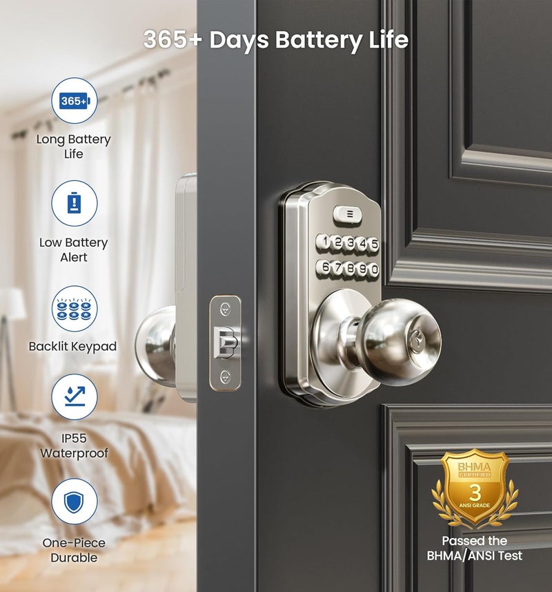 Veise Keypad Door Knob Lock, Keyless Entry Digital Lock with Handle, Electronic Knob for Front Door & Bedroom, Easy Installation, Auto-Locking, Passage Mode, Satin Nickel - Image 3