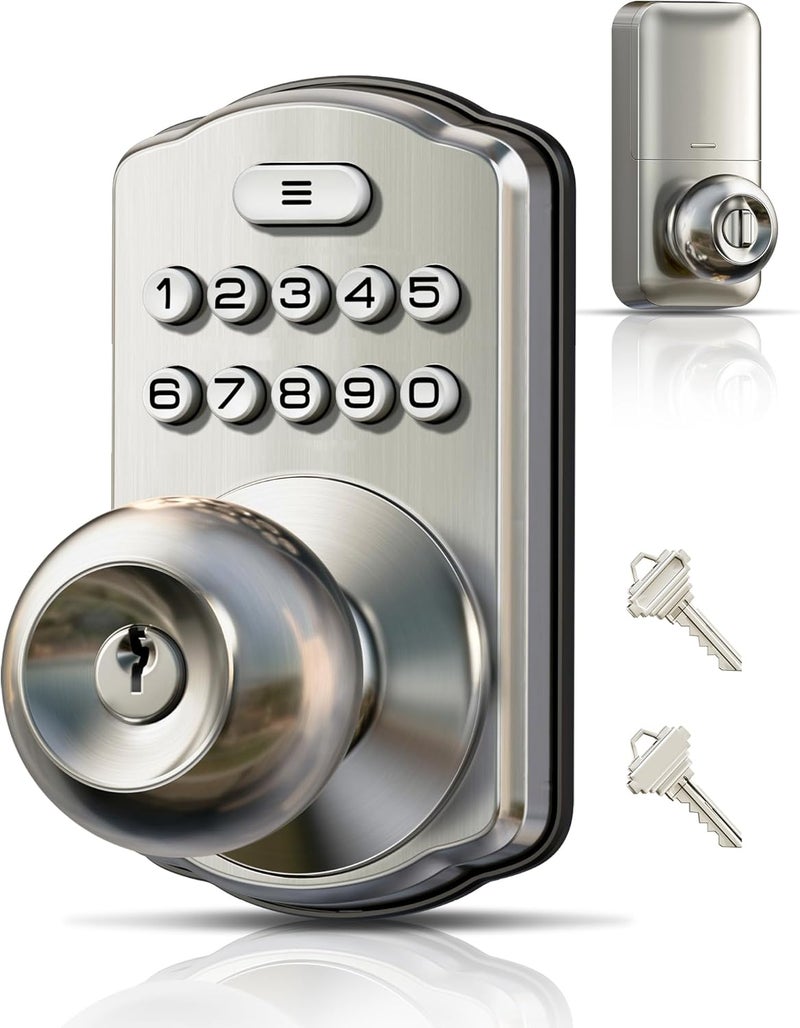 Veise Keypad Door Knob Lock, Keyless Entry Digital Lock with Handle, Electronic Knob for Front Door & Bedroom, Easy Installation, Auto-Locking, Passage Mode, Satin Nickel - Image 1
