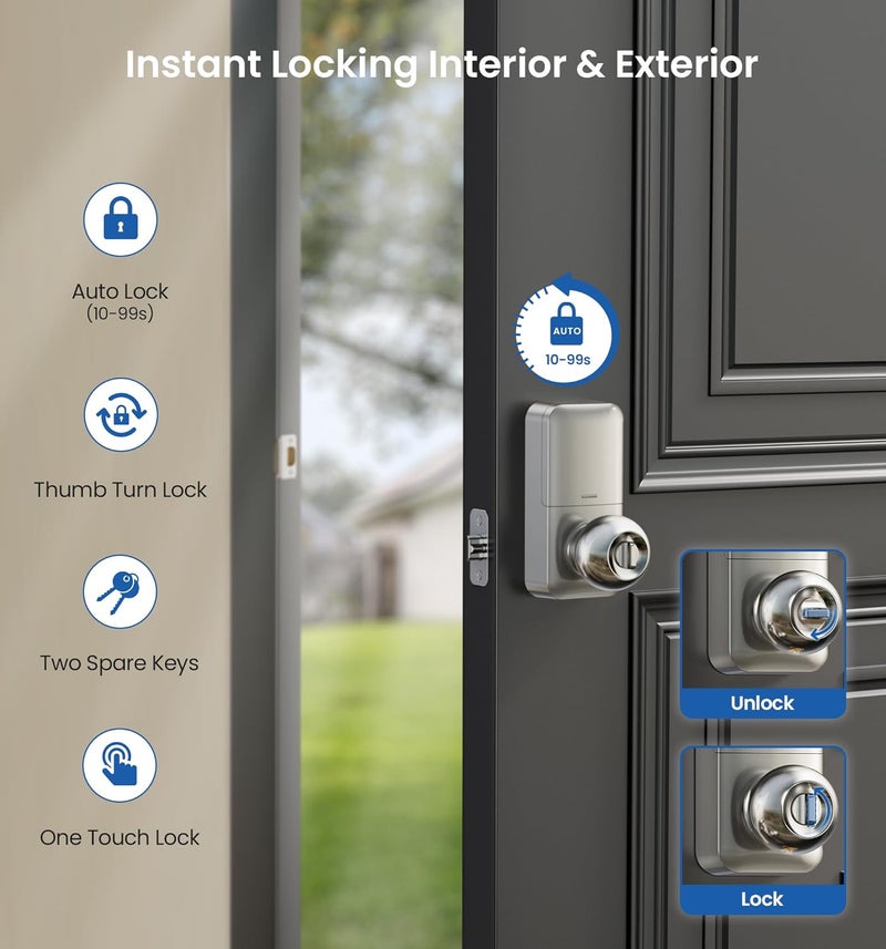 Veise Keypad Door Knob Lock, Keyless Entry Digital Lock with Handle, Electronic Knob for Front Door & Bedroom, Easy Installation, Auto-Locking, Passage Mode, Satin Nickel - Image 4