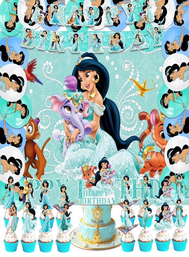 OMTO 42Pack Princess Jasmine Party Supplies Pack Includes，Banner，Cake Topper，Blackdrop,Balloons for Jasmine party Decoration - Image 1