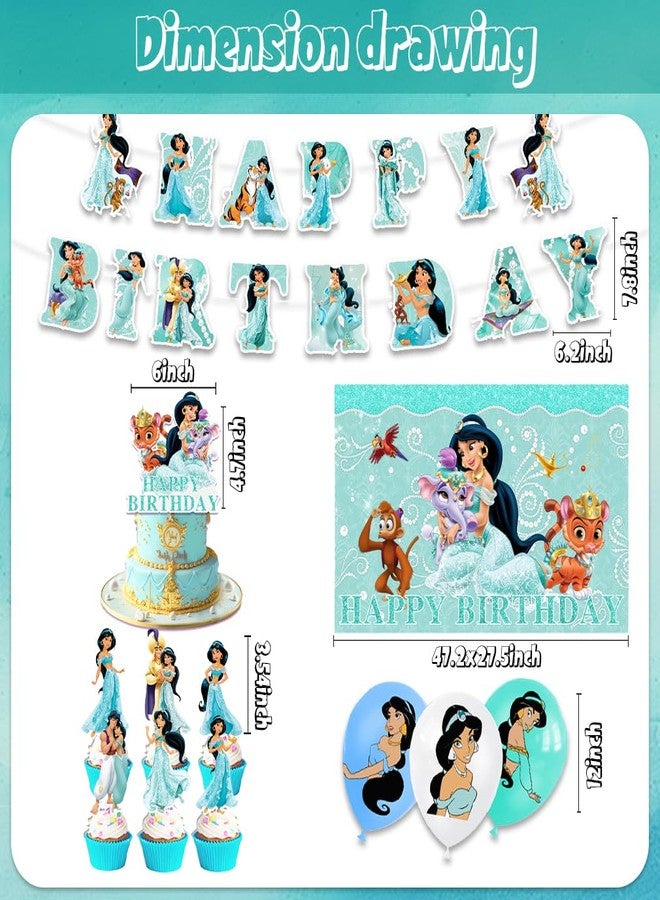 OMTO 42Pack Princess Jasmine Party Supplies Pack Includes，Banner，Cake Topper，Blackdrop,Balloons for Jasmine party Decoration - Image 3