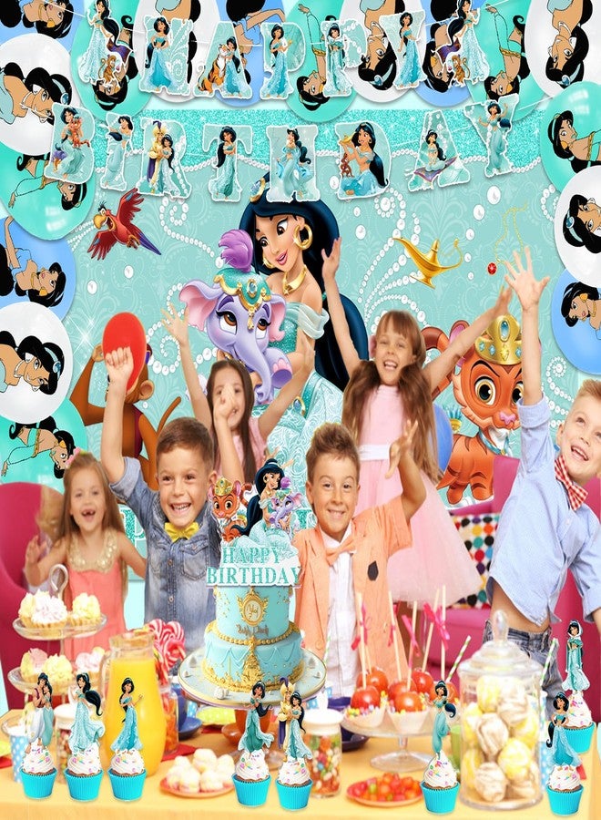 OMTO 42Pack Princess Jasmine Party Supplies Pack Includes，Banner，Cake Topper，Blackdrop,Balloons for Jasmine party Decoration - Image 5