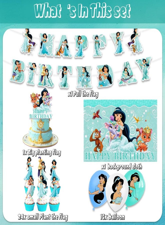 OMTO 42Pack Princess Jasmine Party Supplies Pack Includes，Banner，Cake Topper，Blackdrop,Balloons for Jasmine party Decoration - Image 2