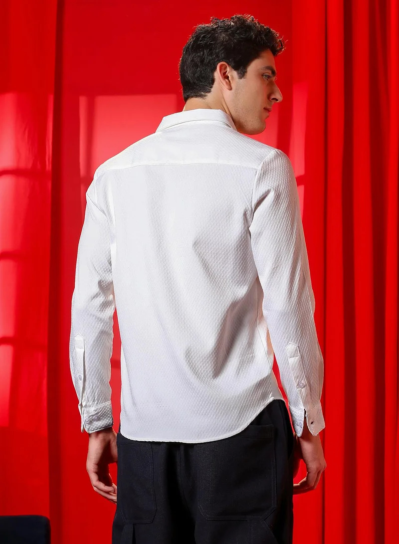 Campus Sutra Men's Cream White Motif -Tactile Shirt
