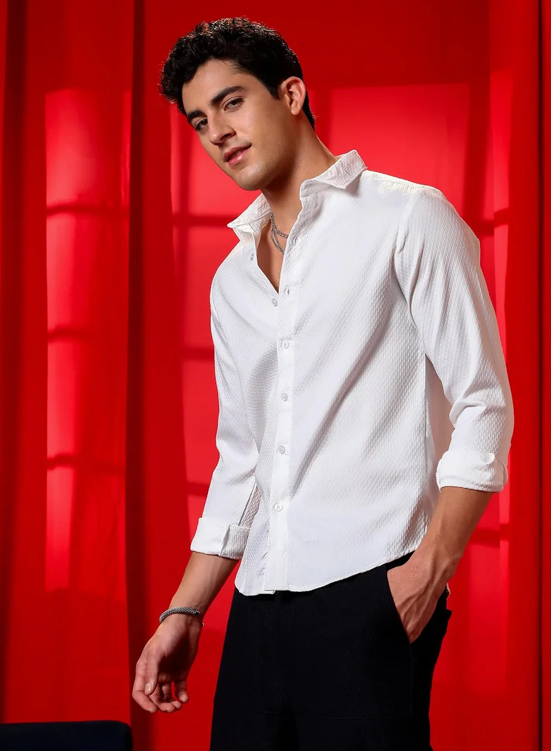 Campus Sutra Men's Cream White Motif -Tactile Shirt