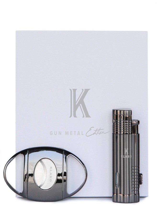 CASE ELEGANCE Klaro Cigar Accessory Kit Polished Gunmetal Finish Cutter & Lighter Gift Set Packaging - Image 1