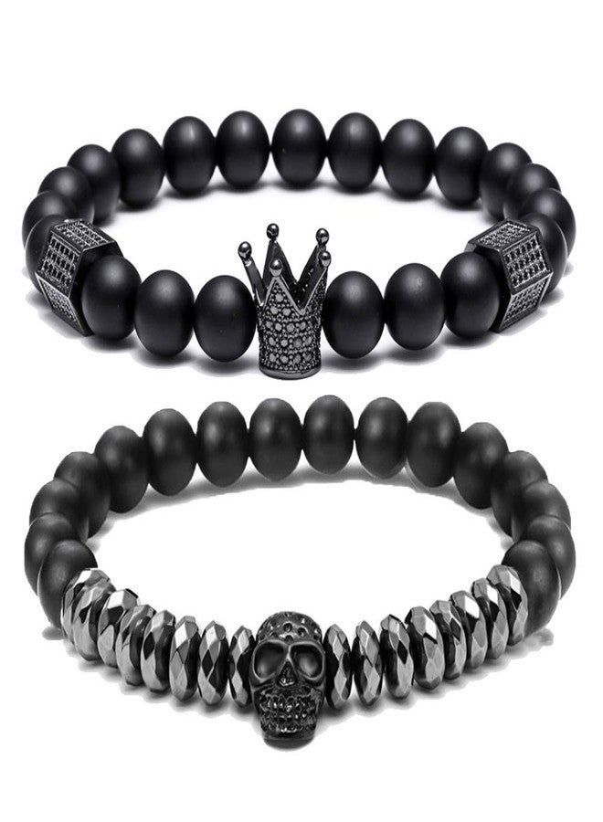 SEVENSTONE 8mm Crown King Charm Bracelet for Men Women Black Matte Onyx Stone Beads - Image 1