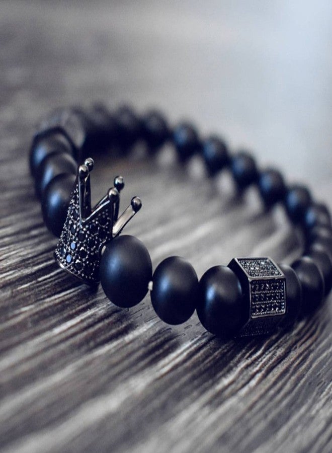 SEVENSTONE 8mm Crown King Charm Bracelet for Men Women Black Matte Onyx Stone Beads - Image 3