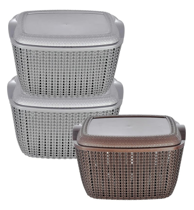 Kuber Industries Multipurposes Small M 25 Plastic Basket, Organizer For Kitchen, Countertops, Cabinets, Bathroom With Lids- Pack of 3 (Grey & Brown & Grey) -46KM050 - Image 1