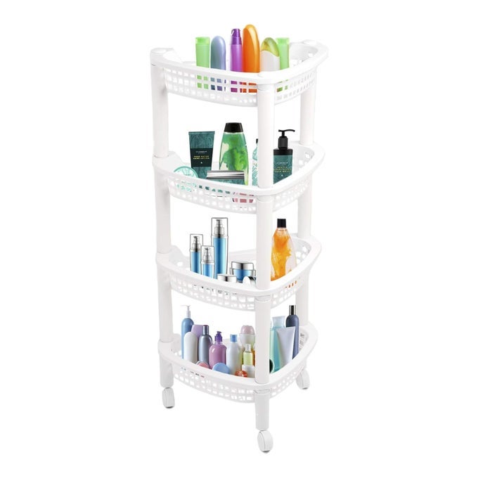SHOWER CADDY CORNER RUST PROOF WHITE SHELF KITCHEN BATHROOM STORAGE UNIT 4 TIERS FREESTANDING 4 TIER WITH WHEELS WHITE